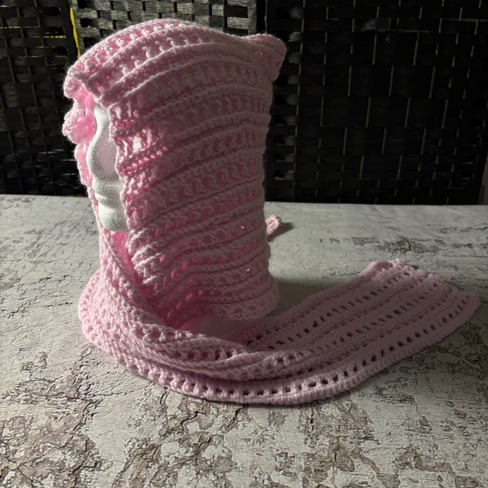 Pink Crochet Hood with Attached Scarf, Handmade, New